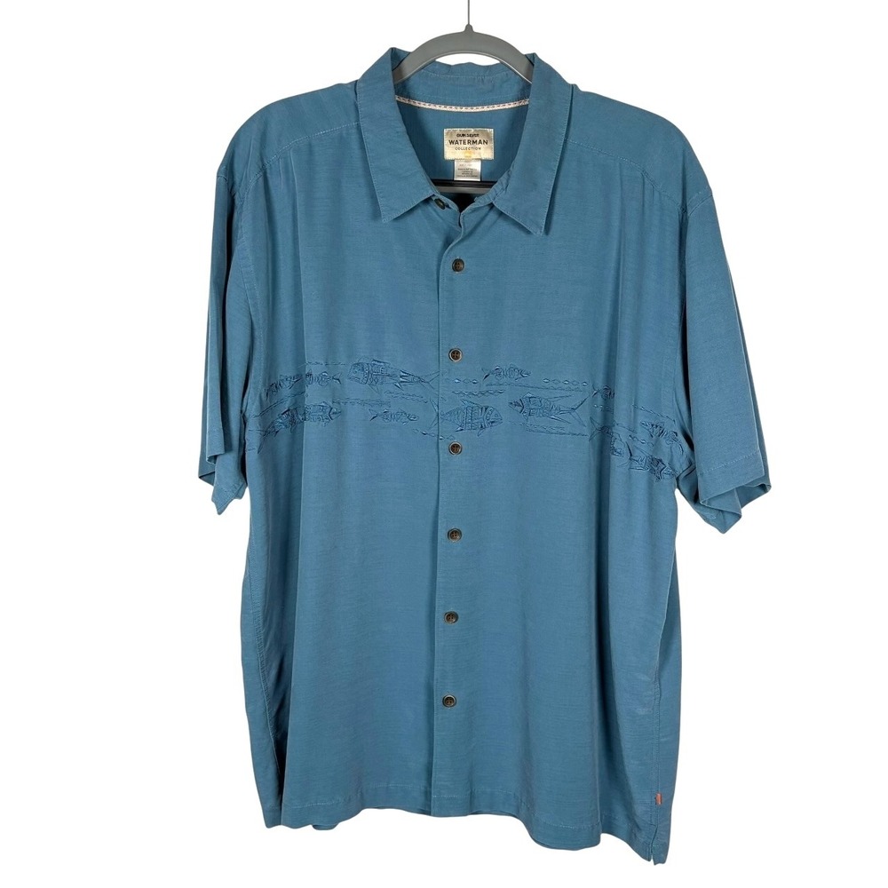 Quiksilver Waterman Shirt Mens XXL Embroidered‎ Blue Water Fish Short Sleeve